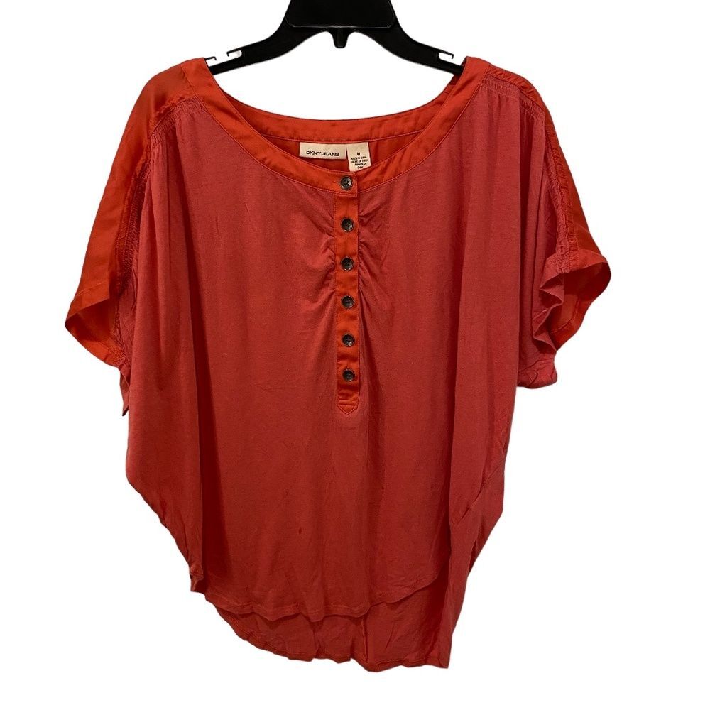 DKNY Jeans Henley Top Medium Rust Red Boat Neck High Low Dolman Sleeve